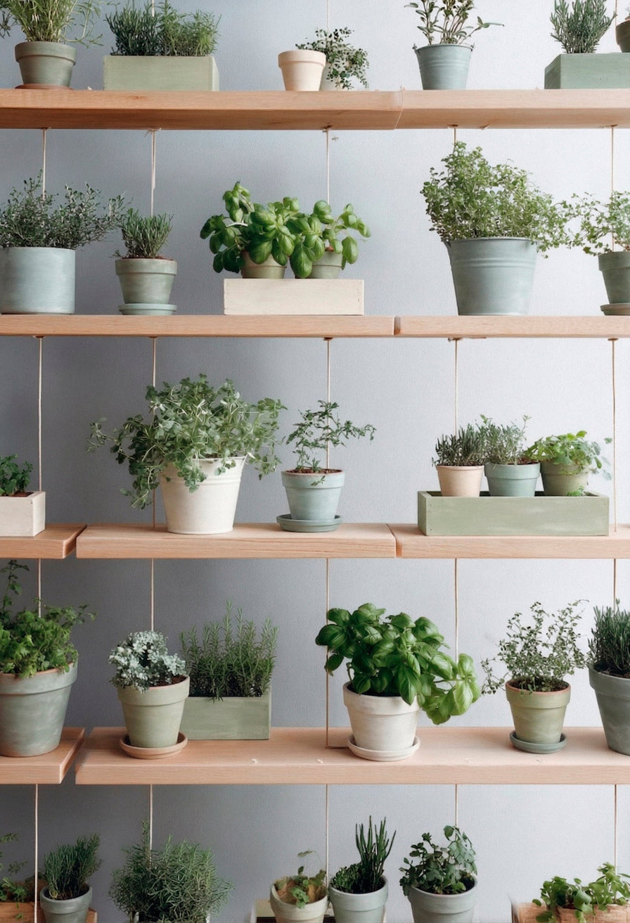 Wooden kitchen shelves displaying limewashed herb planters with leafy herbs and edible plants. | © Bauwerk Imagined, Christoph Neumann