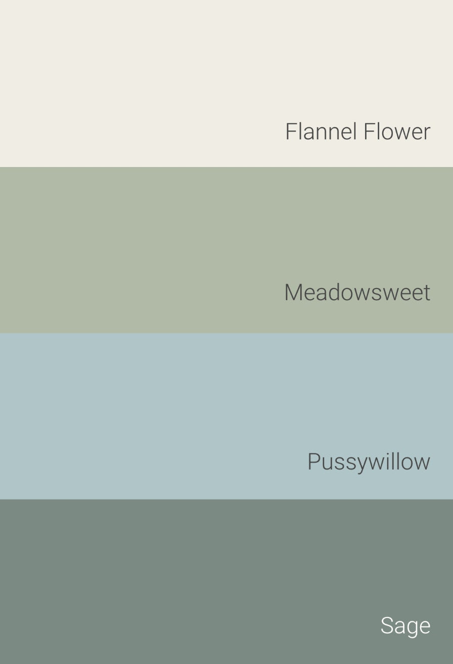 Colour palette showing the Kitchen Garden collection colours: Flannel Flower, Meadowsweet, Pussywillow and Sage. | © Bauwerk Colour