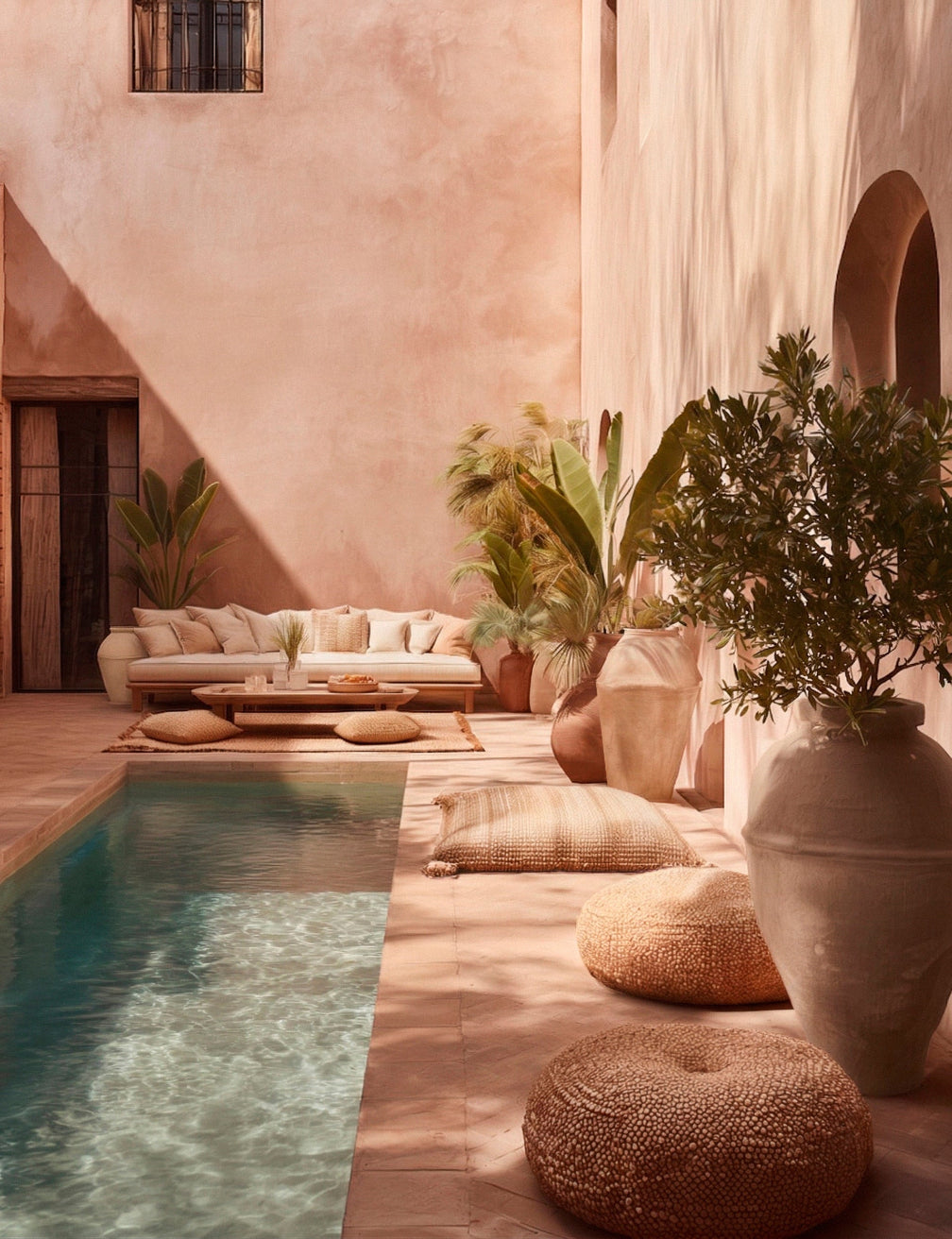 Mediterranean-style courtyard with a pool, palms and limewashed garden planters painted in warm neutral and terracotta tones. | © Bauwerk Imagined, Christoph Neumann