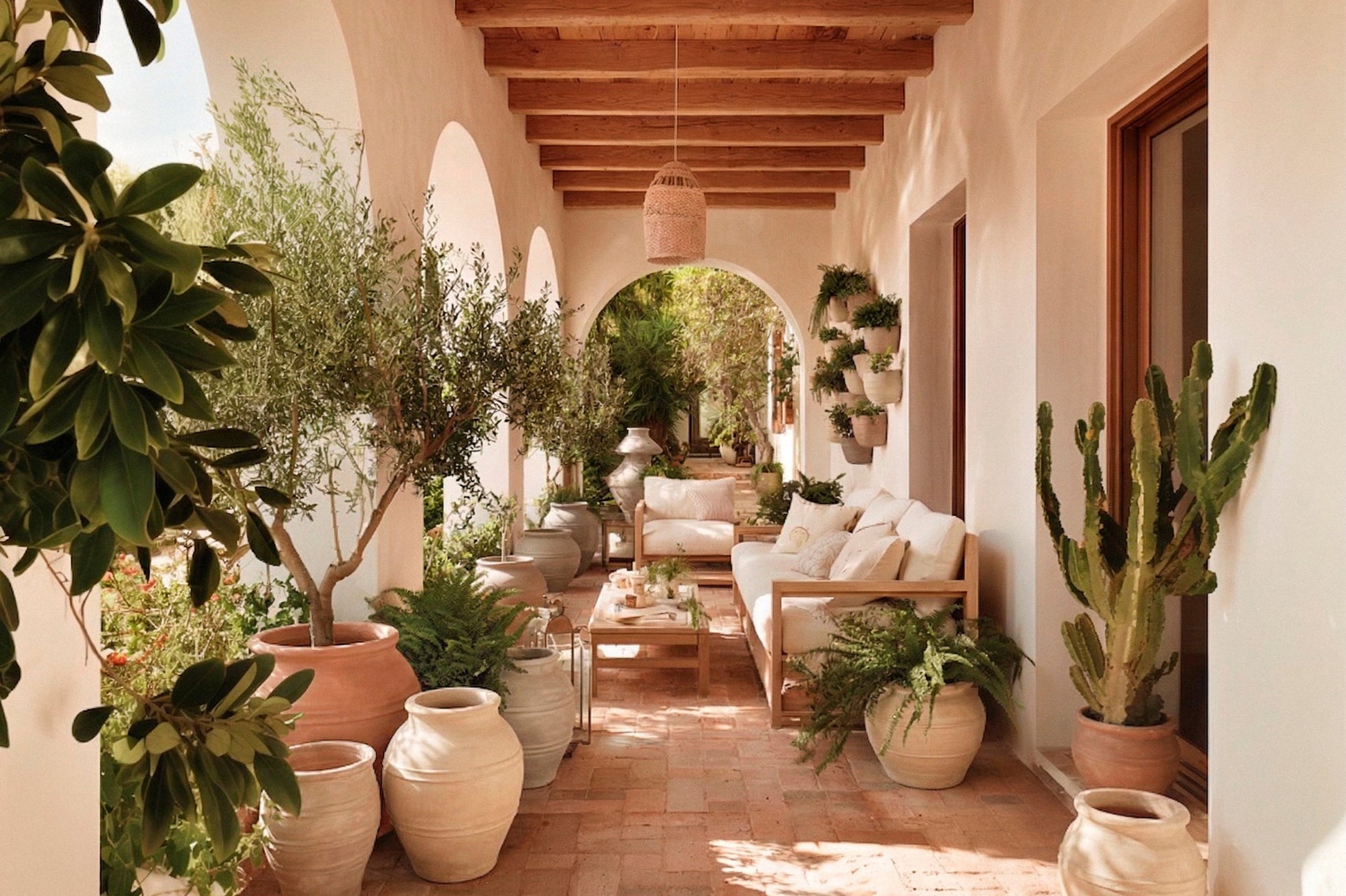 Mediterranean-style covered terrace with large limewashed garden planters, olive trees and lush planting surrounding a relaxed outdoor seating area. | © Bauwerk Imagined, Christoph Neumann