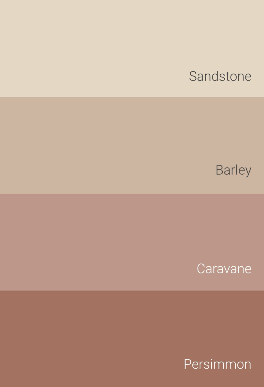 Colour palette showing the Mediterranean Courtyard Garden Pot Paint Collection colours: Sandstone, Barley, Caravane and Persimmon. | © Bauwerk Colour