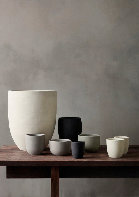 Collection of monochrome limewashed garden planters in light, mid and dark greys showcasing sculptural forms and a minimalist colour palette. | © Bauwerk Imagined, Christoph Neumann