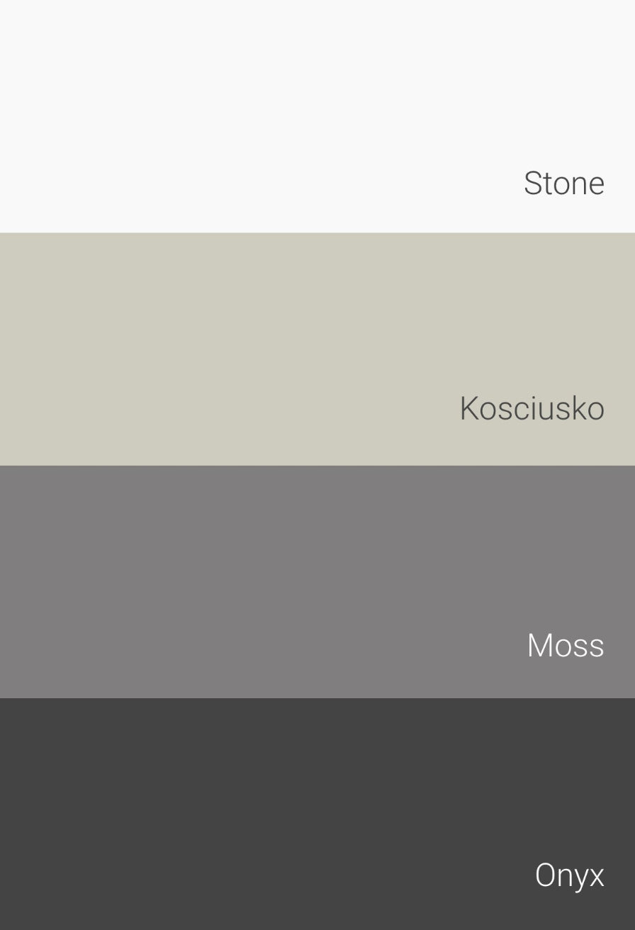 Colour palette showing the Modern Minimalist collection colours: Stone, Kosciusko, Moss and Onyx, curated for monochrome architectural landscapes. | © Bauwerk Colour