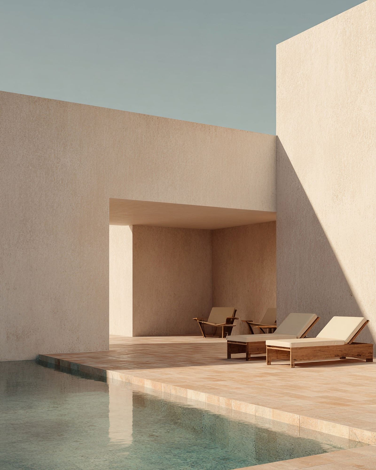 A exterior poolside finished in Bauwerk Colour gardenia limewash, showing it's pink undertone in natural sunlight | © Bauwerk Imagined